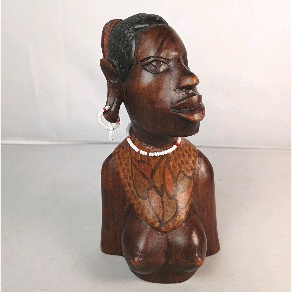 Hand Carved African Tribal Woman Head Wood Statue‎ Bust Bead Earrings Necklace